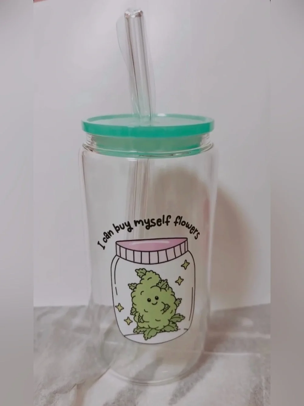 16oz Clear Glass Tumbler with Mint Lid and Glass Straw -